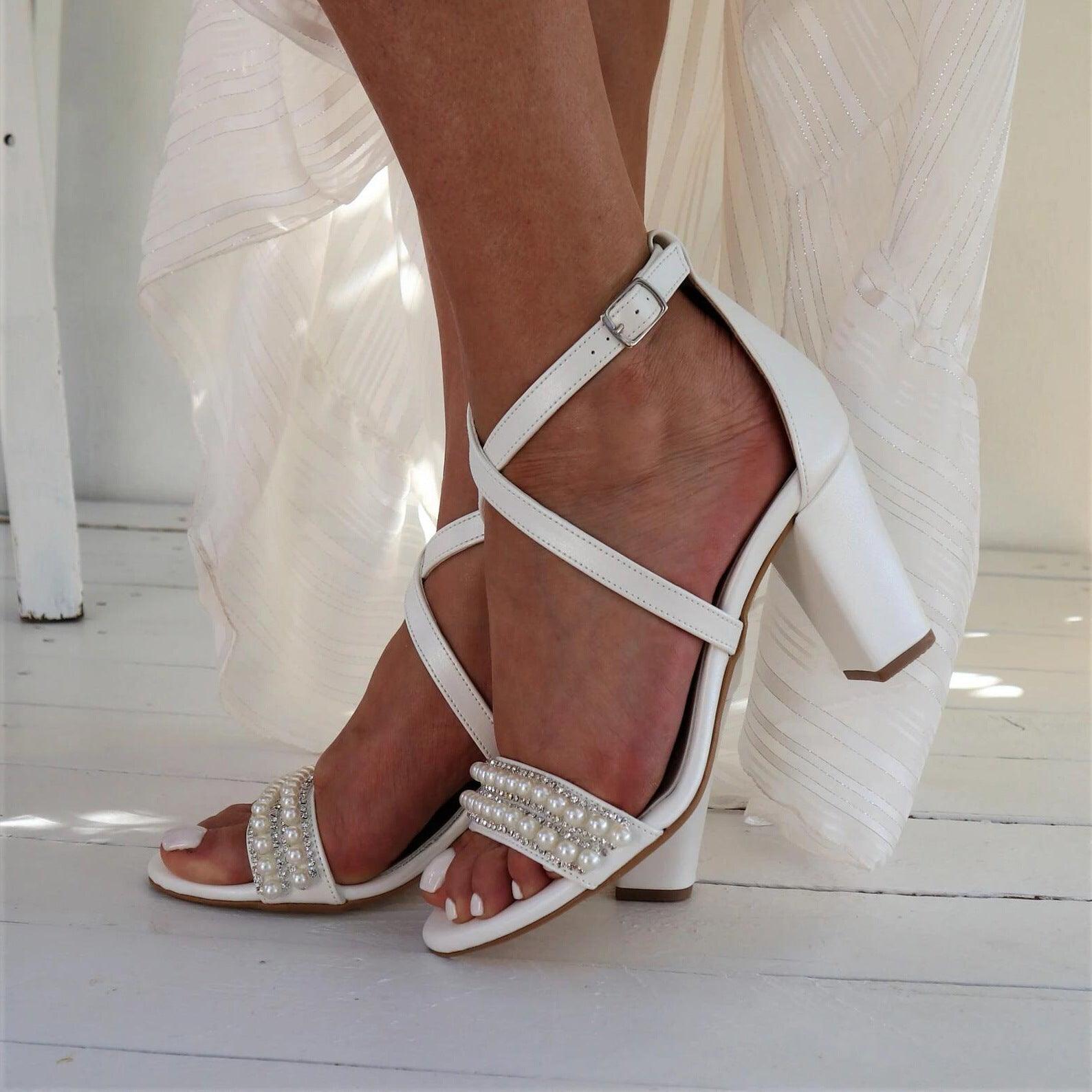 Open Toe Sandals with Pearl Detail Crossover Ankle Strap Elegant Shoes 709414855512 - 7 Days / White / 36 - COCOMELODY